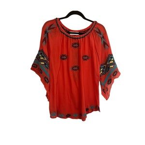 Urban Mangoz Coral Pink Embroidered 3/4 Sleeves Top Blouse Aztec Womens Size S